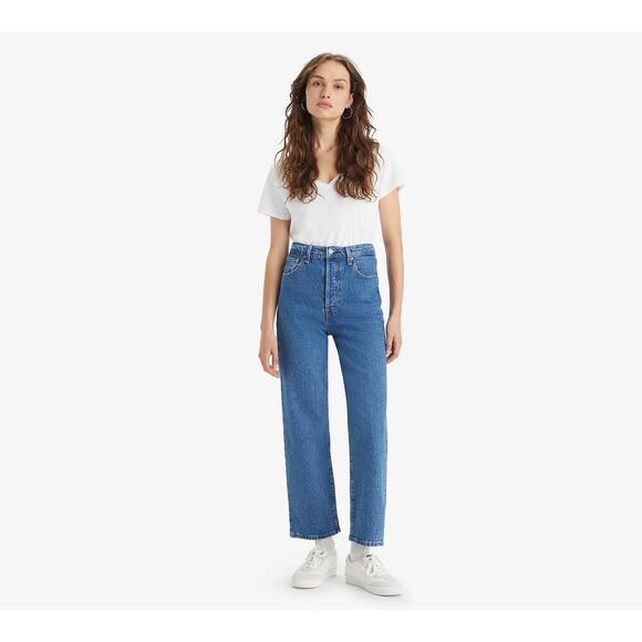 Levi's Blue Cotton Button Fly Cropped Ribcage Straight Ankle Jeans Size 16W - Picture 1 of 15